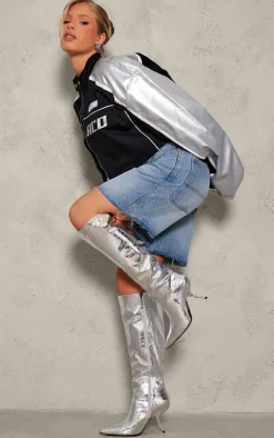 Silver Metallic PU Croc Point Toe Slanted Heel Knee High Boots