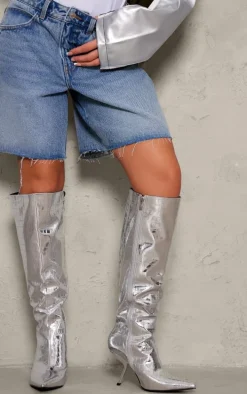 Silver Metallic PU Croc Point Toe Slanted Heel Knee High Boots