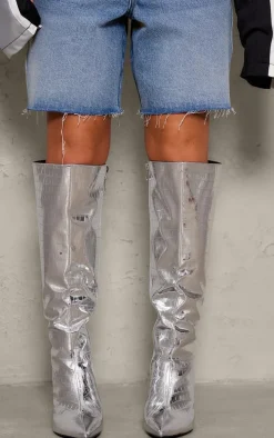 Silver Metallic PU Croc Point Toe Slanted Heel Knee High Boots