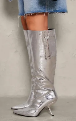 Silver Metallic PU Croc Point Toe Slanted Heel Knee High Boots
