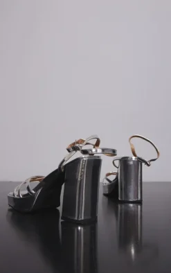 Silver Metallic PU Cross Multi Strap Slight Platform High Block Heeled Sandals