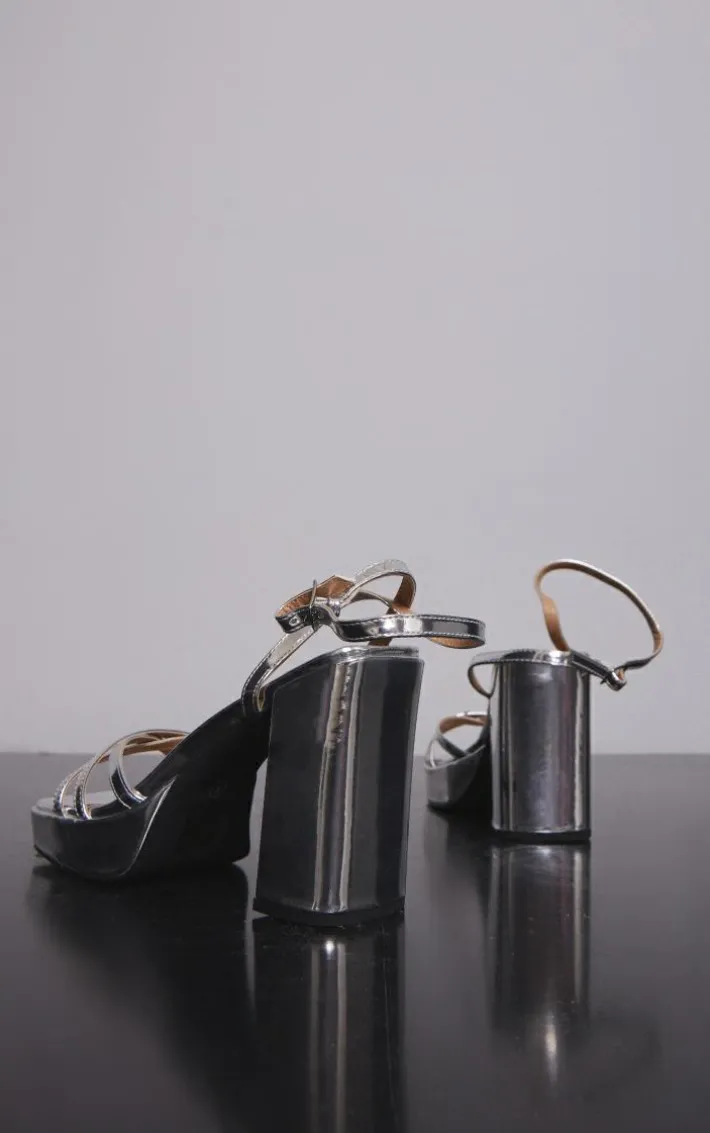 Silver Metallic PU Cross Multi Strap Slight Platform High Block Heeled Sandals