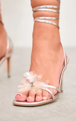 Silver Metallic Pu Flower Lace Up Heeled Sandals