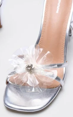 Silver Metallic Pu Flower Lace Up Heeled Sandals