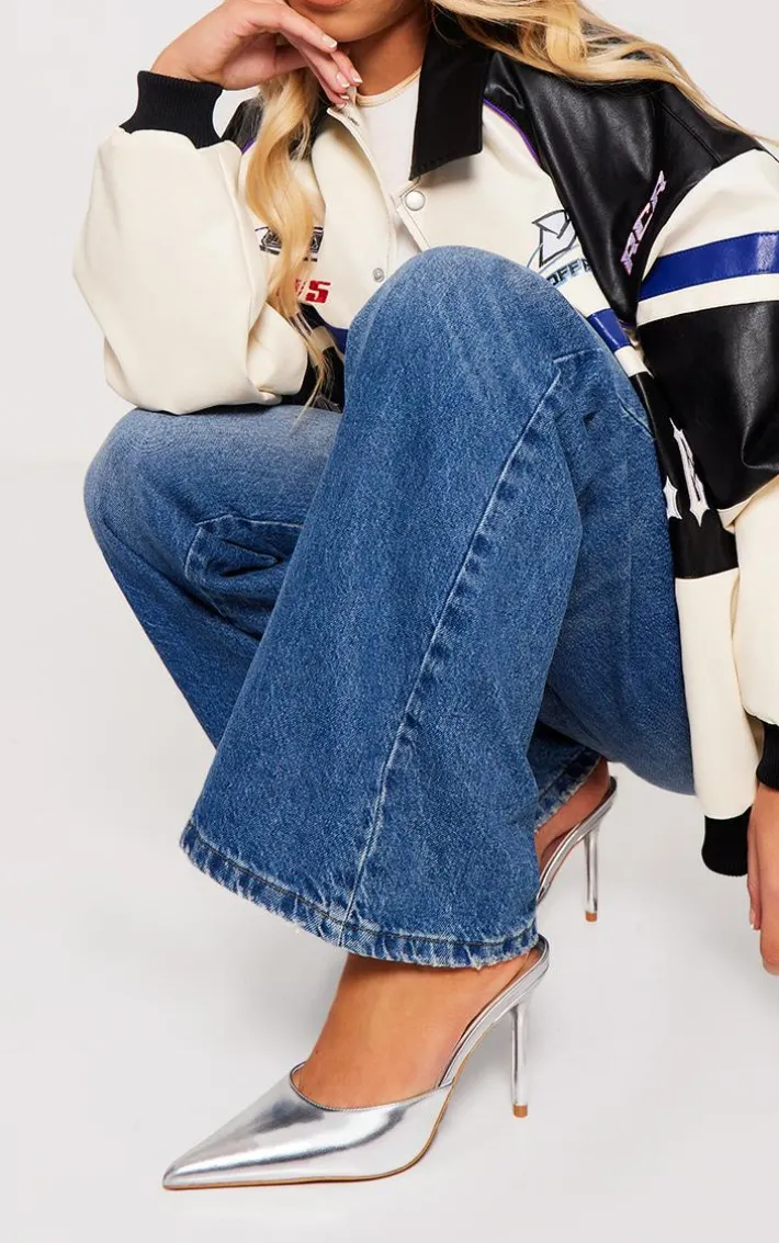 Silver Metallic PU Point Toe High Heeled Court Mules