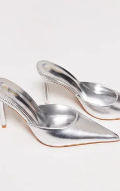 Silver Metallic PU Point Toe High Heeled Court Mules