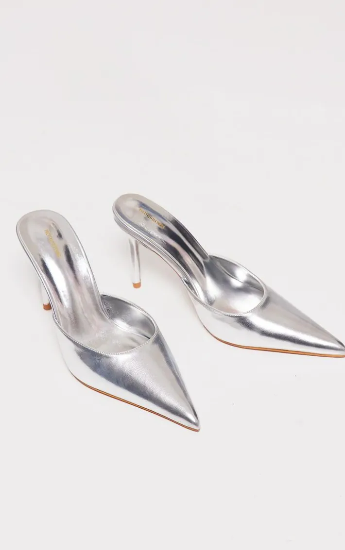 Silver Metallic PU Point Toe High Heeled Court Mules