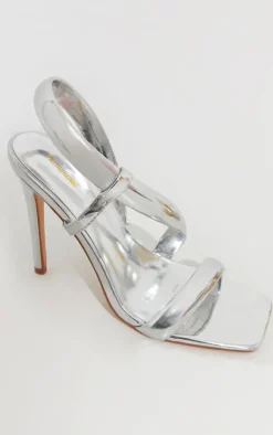 Silver Metallic PU Square Toe Padded Asymmetric High Heeled Sandals