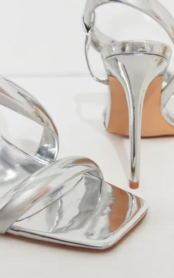 Silver Metallic PU Square Toe Padded Asymmetric High Heeled Sandals