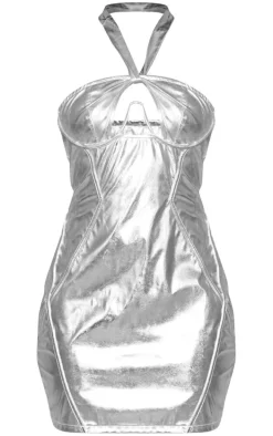 Silver Metallic PU Underwire Halter Strap Shift Dress