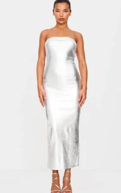 Silver Metallic Rib Bandeau Maxi Dress