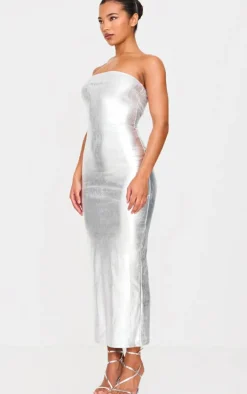 Silver Metallic Rib Bandeau Maxi Dress