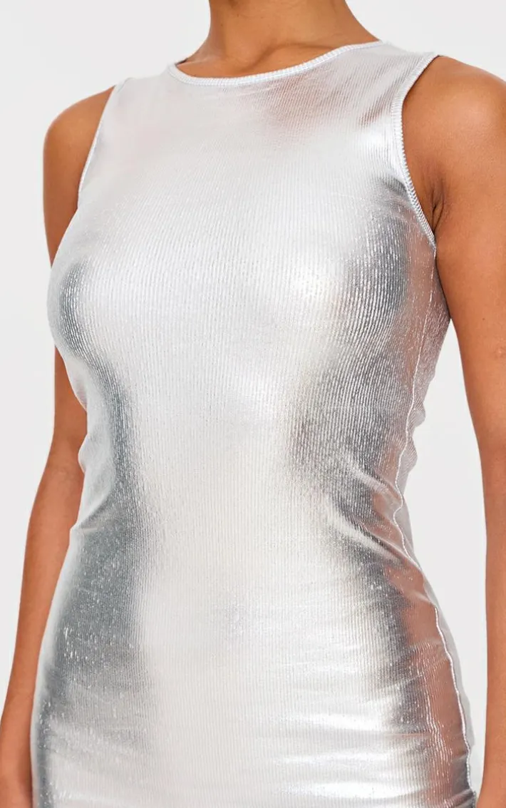 Silver Metallic Rib Crew Neck Mini Dress