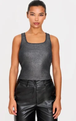 Silver Metallic Ribbed Scoop Neck Long Vest Top