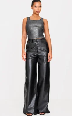 Silver Metallic Ribbed Scoop Neck Long Vest Top