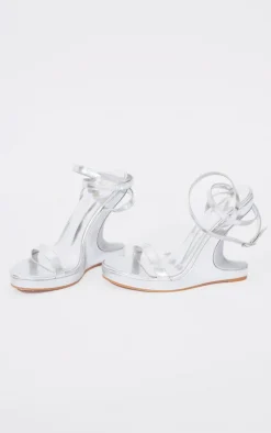 Silver Metallic Round Toe Lace Up Strap Abstract Cut Out Wedge