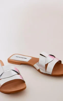 Silver Metallic Round Toe Real Leather Strap Mule Flat Sandals