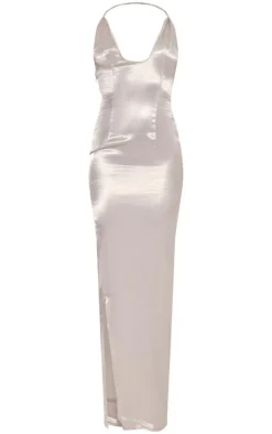 Silver Metallic Satin Plunge Strappy Maxi Dress