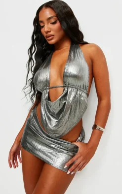 Silver Metallic Seam Detail Mini Skirt