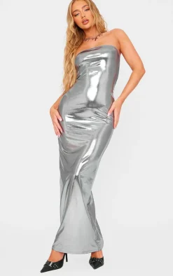 Silver Metallic Slinky Bandeau Bodycon Maxi Dress