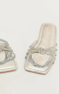 Silver Metallic Square Toe Diamante Knot Strap Sandals