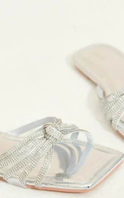 Silver Metallic Square Toe Diamante Knot Strap Sandals