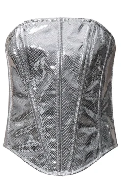 Silver Metallic Textured Faux Leather Bandeau Corset