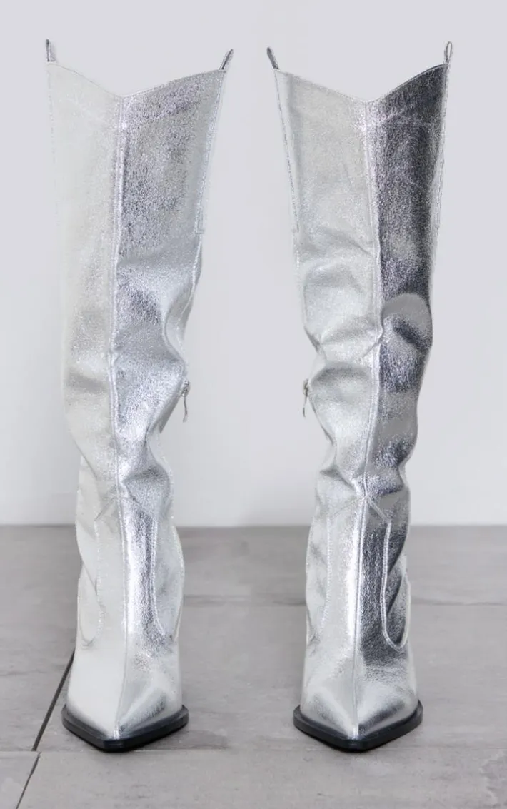 Silver Metallic Western Pointed Wedge Heeled Knee Boots