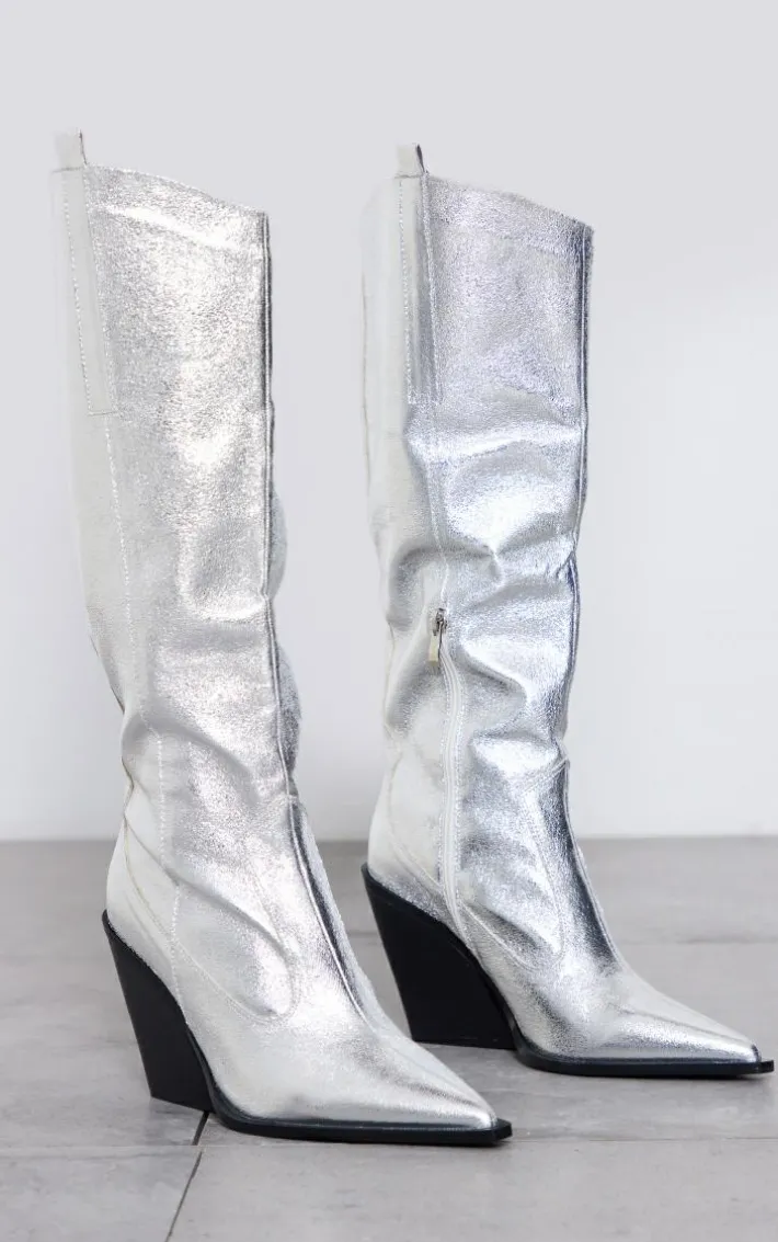 Silver Metallic Western Pointed Wedge Heeled Knee Boots