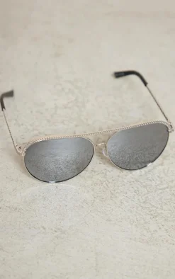 Silver Mirrored Metal Textured Top Aviator Sunglasses