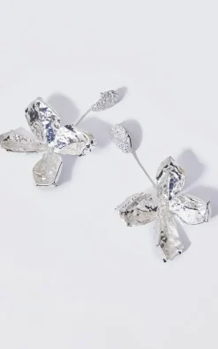 Silver Molten Flower Drop Statement Earrings
