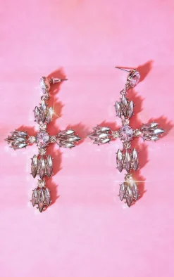 Silver Oversized Cross Jeweled Earrings