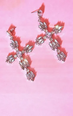 Silver Oversized Cross Jeweled Earrings