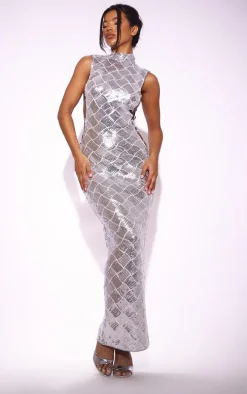 Silver Patterned Sequin Lace Up Side High Neck Midaxi Dress