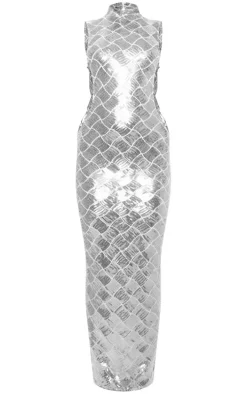 Silver Patterned Sequin Lace Up Side High Neck Midaxi Dress