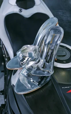 Silver Pointed PU Mini Strap High Stiletto Heeled Mules