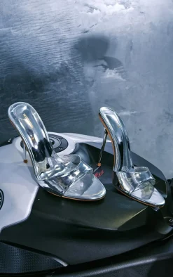 Silver Pointed PU Mini Strap High Stiletto Heeled Mules