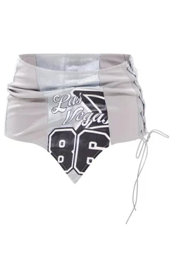 Silver Printed Lace Up Side Low Rise Micro Mini Skirt