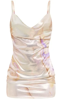 Silver Printed Metallic Cowl Neck Shift Dress