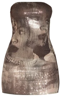 Silver Printed Sequin Glitter Bandeau Bodycon Dress