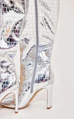 Silver PU Croc Square Toe Flat High Heeled Knee Boots