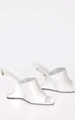 Silver Pu Cut Out Heeled Mule Wedges