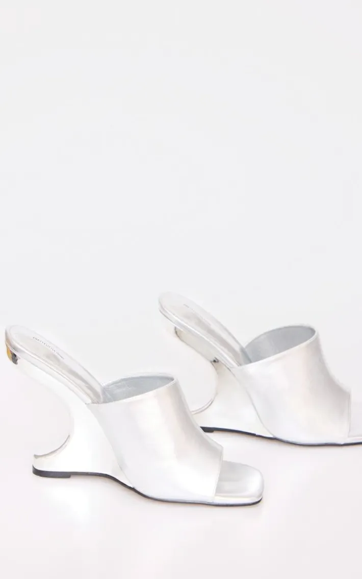 Silver Pu Cut Out Heeled Mule Wedges