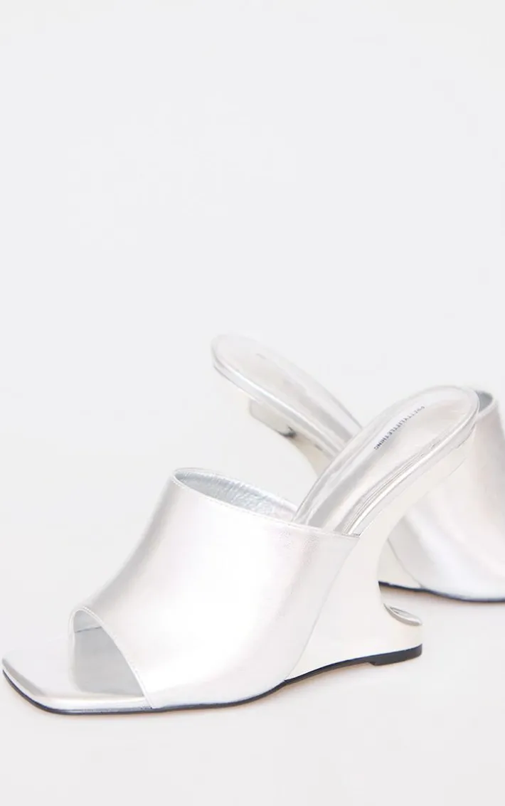 Silver Pu Cut Out Heeled Mule Wedges