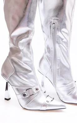 Silver Pu Metallic Buckle Detail High Heeled Knee Boots