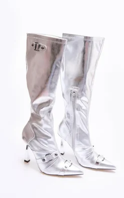 Silver Pu Metallic Buckle Detail High Heeled Knee Boots
