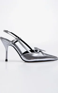 Silver PU Patent Point Toe Bow Mid Heel Courts