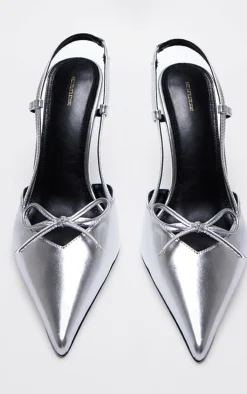 Silver PU Patent Point Toe Bow Mid Heel Courts