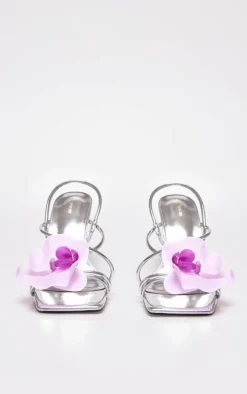 Silver PU Pink Flower Strappy Sling Back Heeled Sandals