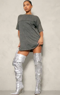 Silver Pu Point Toe Buckled Over The Knee Heeled Boots